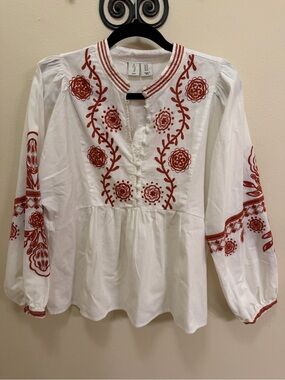 Joie White Peasant Blouse with Rust Embroidery